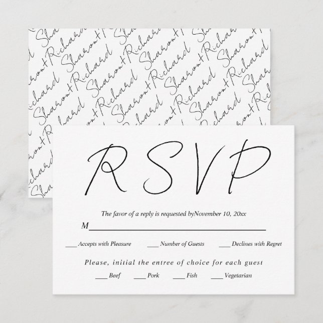 Modern script calligraphy black and white wedding  RSVP card (Front/Back)