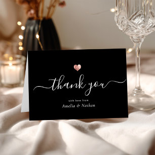 Modern Script Calligraphy Black Rose Gold Heart Thank You Card