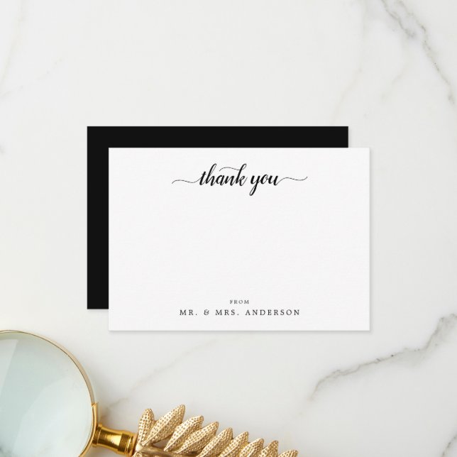 Modern Script Calligraphy Black White Thank You Card (Front/Back In Situ)