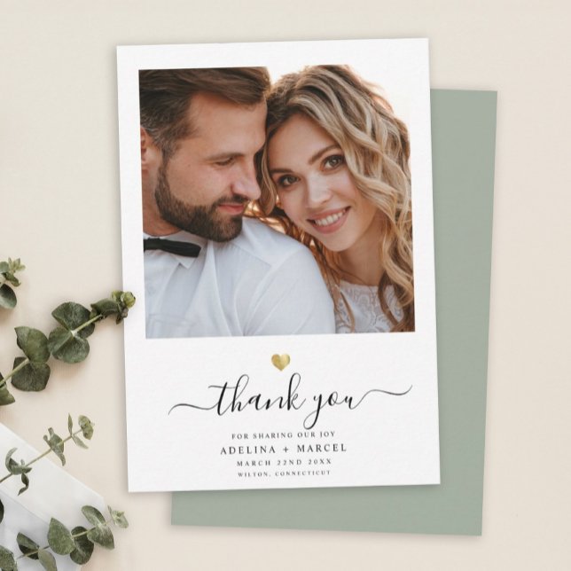 Modern Script Calligraphy Gold Heart Wedding Photo Thank You Card (Creator Uploaded)