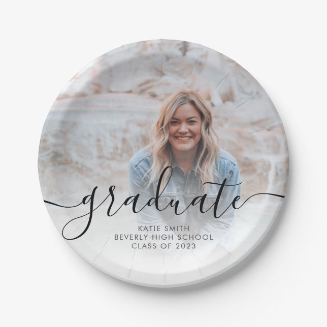 Modern Script Calligraphy Graduation Photo Paper Plate (Front)