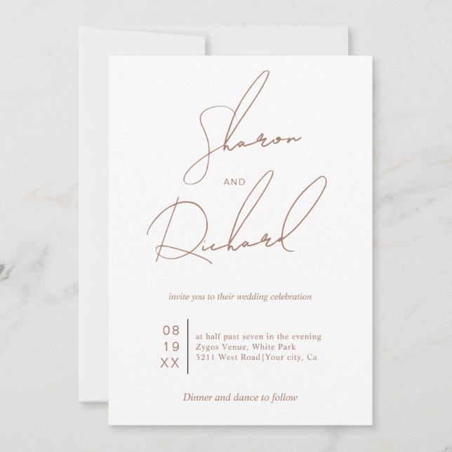 Modern script calligraphy mocha minimalist wedding invitation (Front)