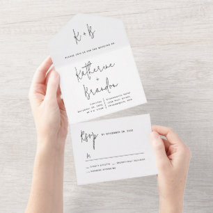 Modern Script Calligraphy Monogram Wedding All In One Invitation