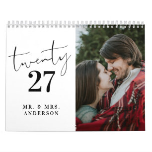 Modern Script Calligraphy Newly Wed Photo Calendar