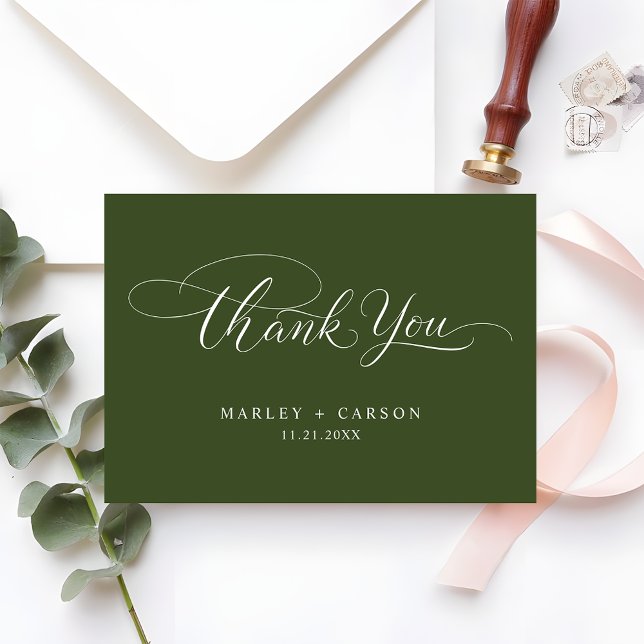Modern Script Calligraphy Olive Green Wedding Thank You Card (Creator Uploaded)