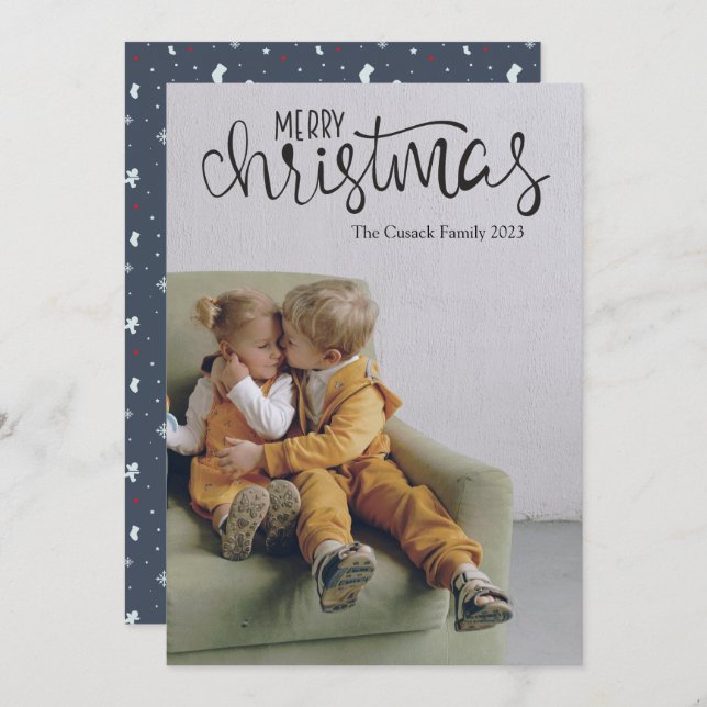  Modern Script Calligraphy Photo Merry Christmas Holiday Card (Front/Back)