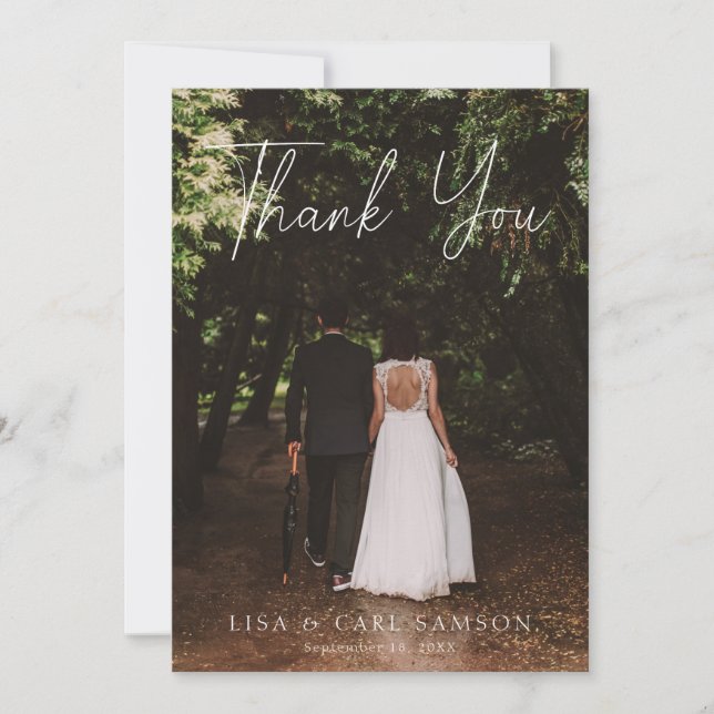 Modern Script Calligraphy Photo Wedding Thank You  Invitation (Front)