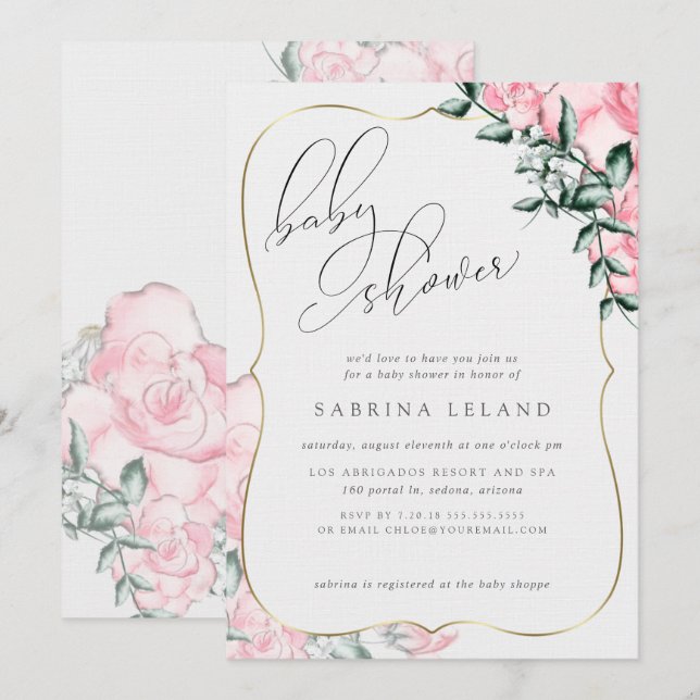 Modern Script Calligraphy Pink Rose Baby Shower Invitation (Front/Back)
