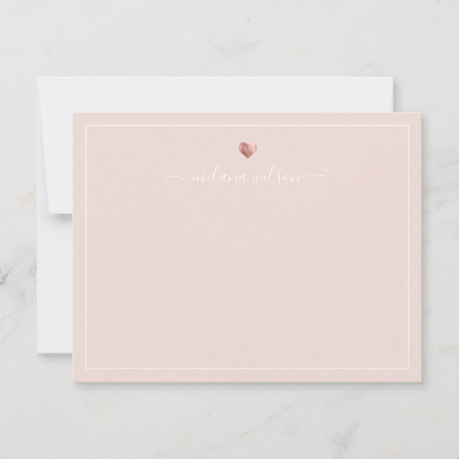 Modern Script Calligraphy Rose Gold Heart Note Card (Front)