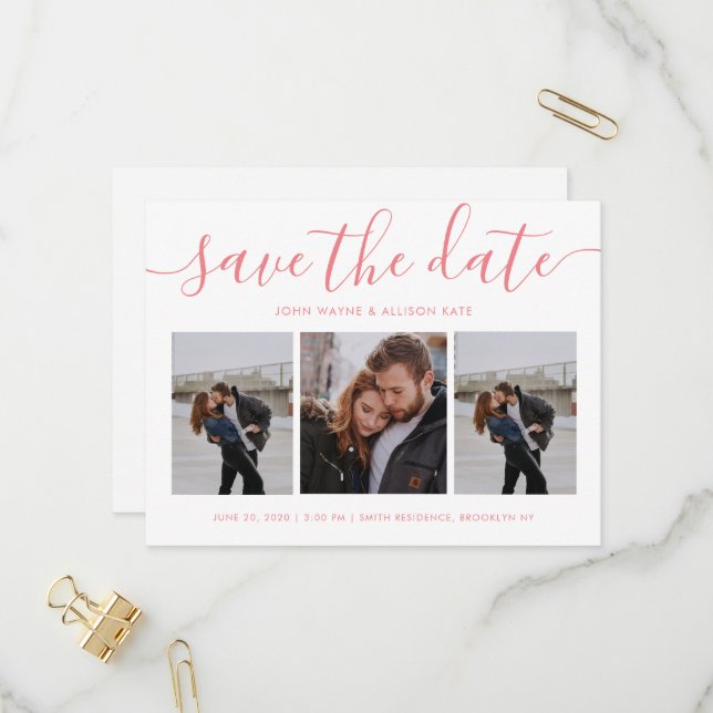 Modern Script Calligraphy Save the Date 3 Photo Invitation Postcard (Front/Back In Situ)