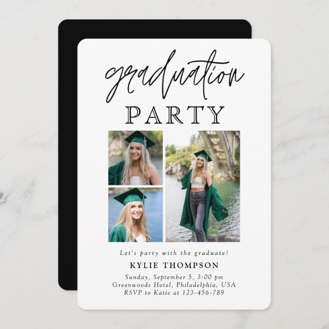 Modern Script Calligraphy Three Photo Graduation Invitation (Front/Back)