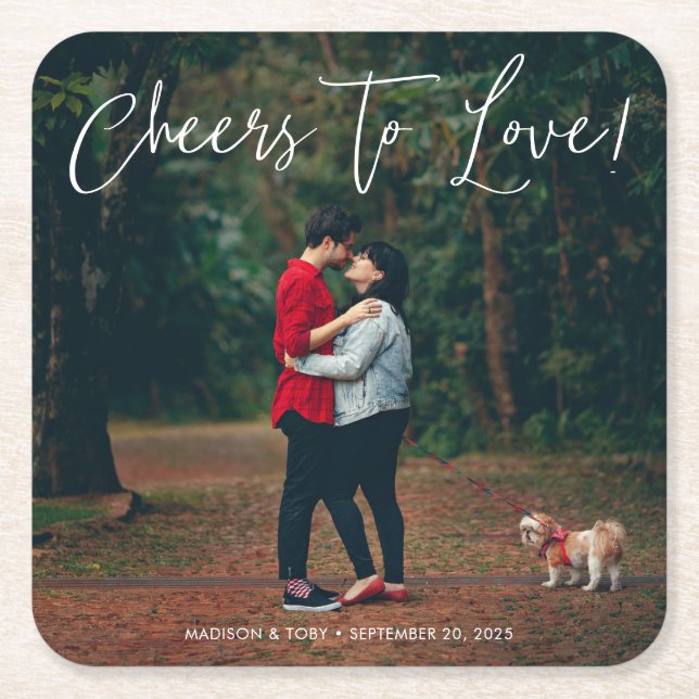 Modern Script Cheers To Love Photo Wedding  Square Paper Coaster (Front)
