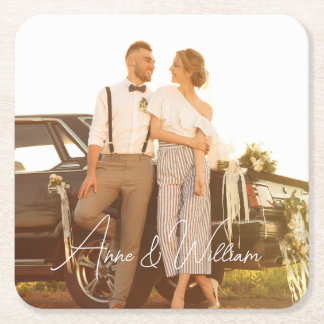 Modern Script Cheers To Love Photo Wedding Square Paper Coaster