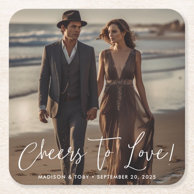 Modern Script Cheers To Love Photo Wedding  Square Paper Coaster (Front)