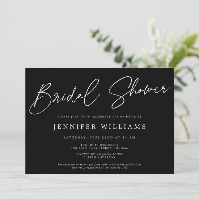 Modern Script Chic Black + White Bridal Shower Invitation (Standing Front)