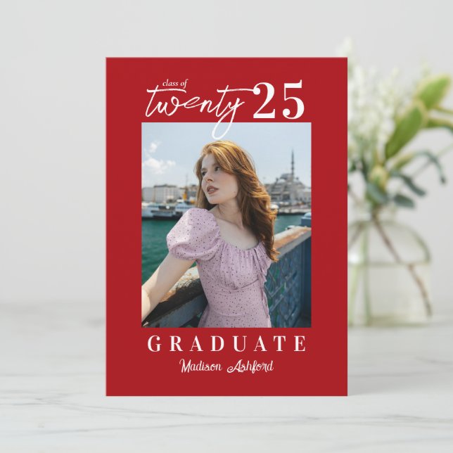Modern Script Chic Red Photo Graduation Party Invitation (Standing Front)