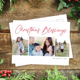 Modern Script Christmas Blessings Three Photo Holiday Postcard