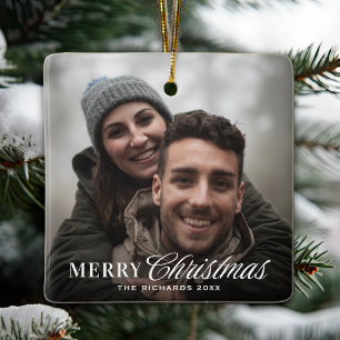 Modern Script Christmas Couple Photo Ceramic Ornament