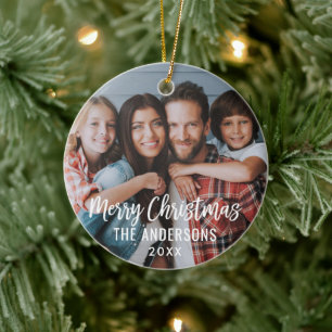 Modern Script Christmas Family Photo Slate Blue Ceramic Tree Decoration