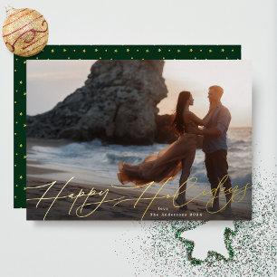 Modern Script Christmas Photo Happy Gold Foil Holiday Card