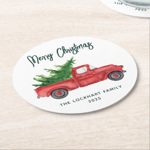 Modern Script Christmas Red Truck Holiday Custom Round Paper Coaster