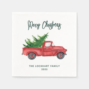 Modern Script Christmas Red Truck Holiday Paper Napkin