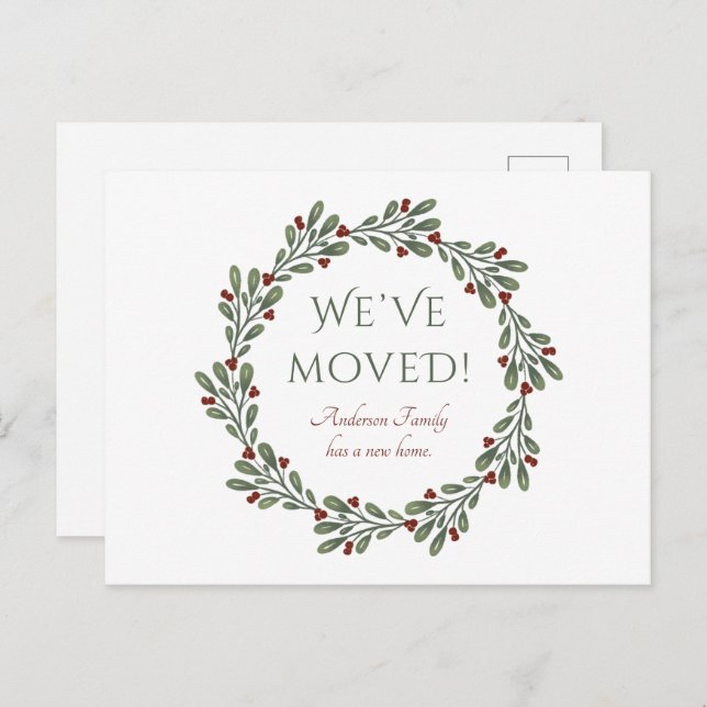 Modern Script Christmas Wreath We’ve Moved Announcement Postcard (Front/Back)