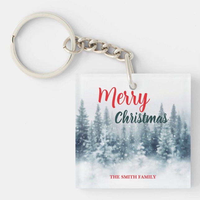 Modern Script Christmas Xmas winter pine tree fore Key Ring (Front)