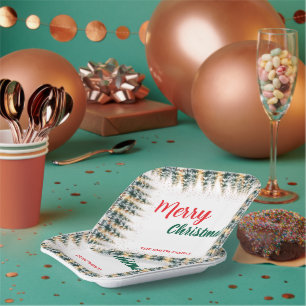 Modern Script Christmas Xmas winter pine tree fore Paper Plate