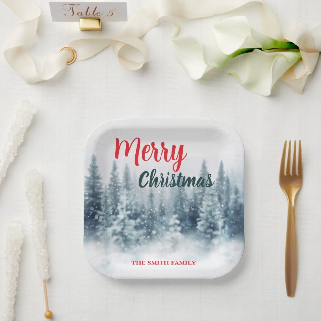Modern Script Christmas Xmas winter pine tree fore Paper Plate (Wedding)
