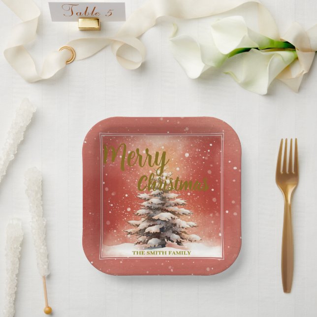 Modern Script Christmas Xmas winter pine tree fore Paper Plate (Wedding)