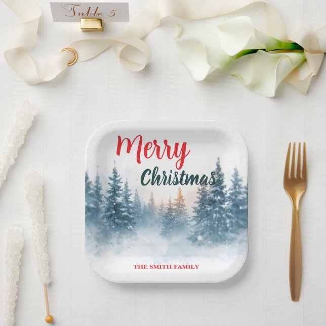 Modern Script Christmas Xmas winter pine tree fore Paper Plate (Wedding)