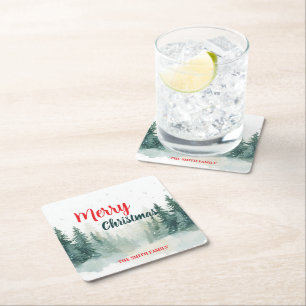 Modern Script Christmas Xmas winter pine tree fore Square Paper Coaster