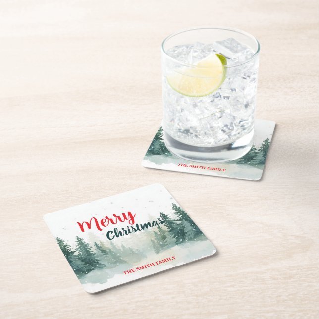 Modern Script Christmas Xmas winter pine tree fore Square Paper Coaster (Insitu)