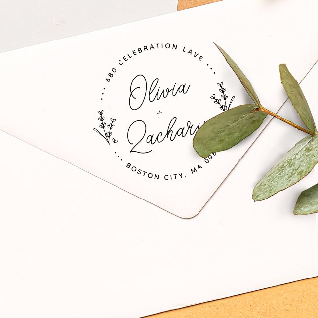 Modern Script Circular Floral Wedding Address Rubber Stamp (Modern Script Circular Floral Wedding Address Rubber Stamp)