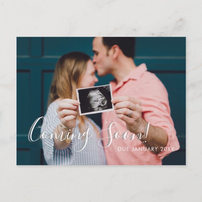 Modern Script Coming  Soon Pregnancy Announcement Postcard (Front)