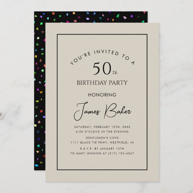Modern Script Confetti 50TH Birthday Party For Him Invitation (Front/Back)
