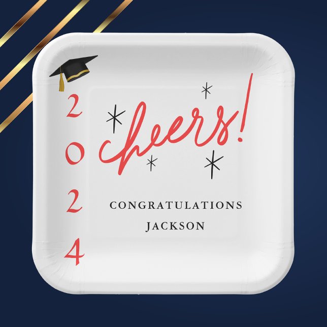 Modern Script Congratulations Grad Red and Black Paper Plate (Creator Uploaded)
