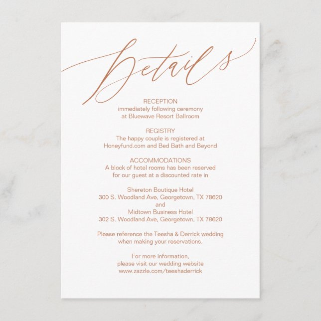 Modern Script, Copper, Wedding Details Card (Front)
