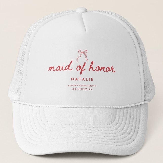 Modern Script Coquette Bow Maid of Honor's Name Trucker Hat (Front)
