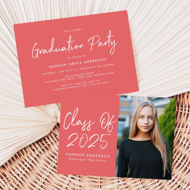 Modern Script Coral Class of 2025 Graduation Party Invitation (Creator Uploaded)