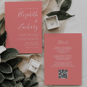 Modern Script Coral Pink QR Code Wedding Invitation
