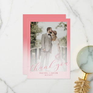 Modern Script Coral Salmon 2-Photo Wedding Thank You Card