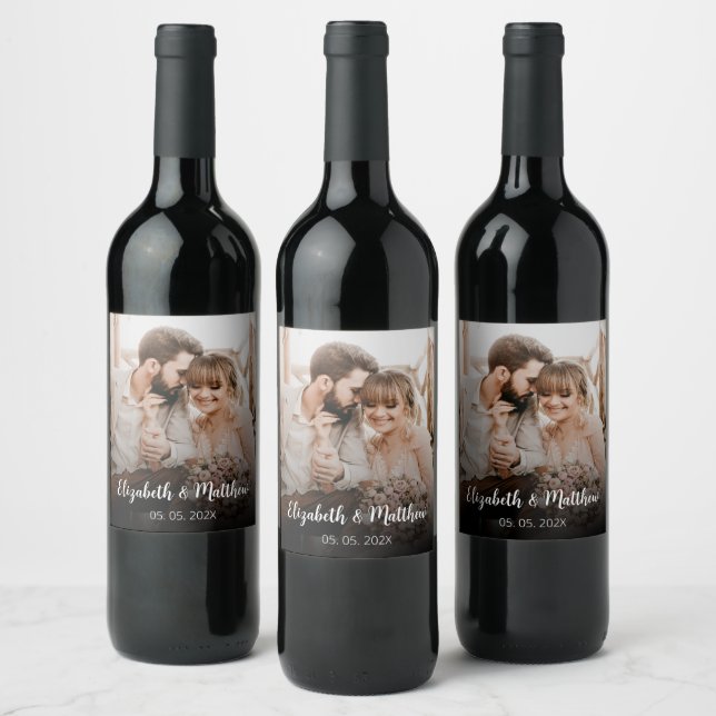 Modern Script Couple Photo Wedding Bottle Favour Wine Label (Bottles)