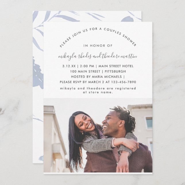Modern Script Couples Shower Dusty Blue Photo Invitation (Front/Back)