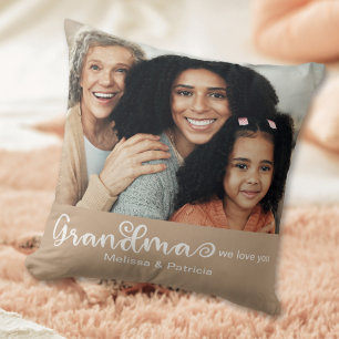 Modern Script Cream Brown We Love Grandma Photo Cushion