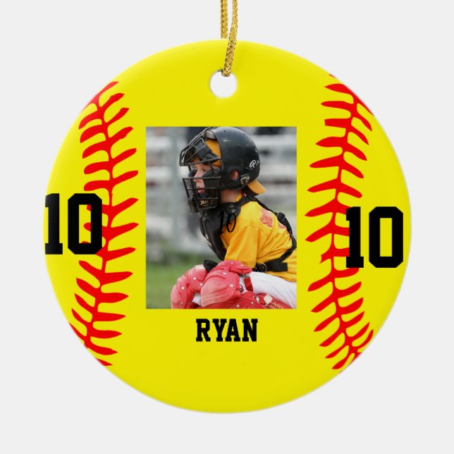 Modern Script Custom Baseball Photo Christmas  Ceramic Tree Decoration (Front)