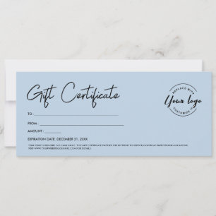 Modern Script Custom Logo Gift Certificate Blue Invitation