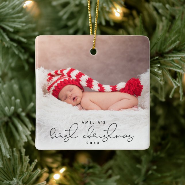 Modern Script Custom Photo First Christmas Ceramic Ornament (Tree)