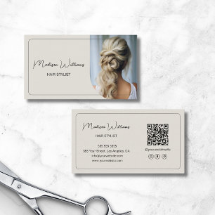 Modern Script Custom Photo QR Hair Stylist Business Card